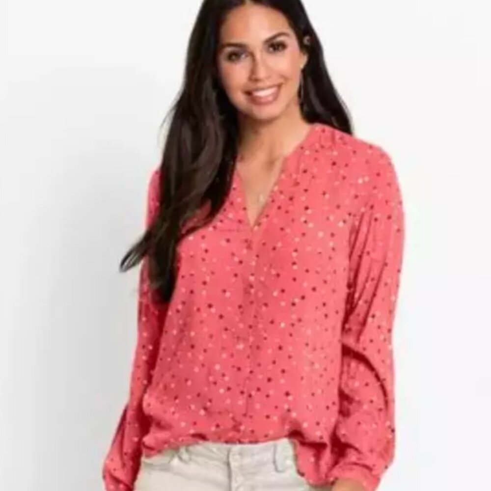 GAP Coral Pink Long-Sleeve V-Neck Blouse with Dot Print